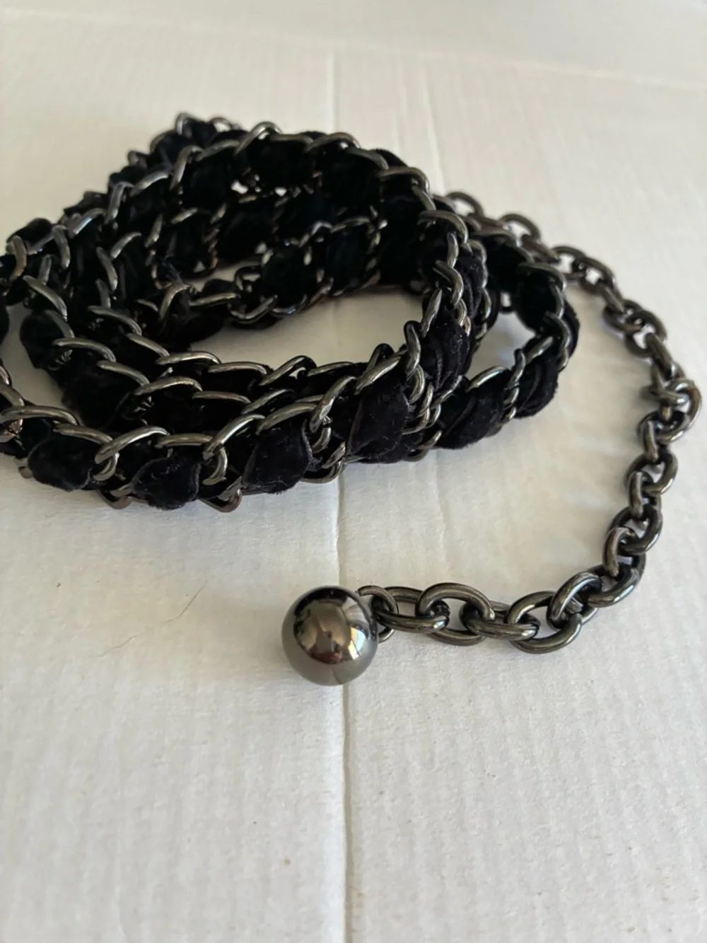 Gunmetal & black velvet Rope Chain‎ Belt Y2K Lariat Adjustable Statement vintage